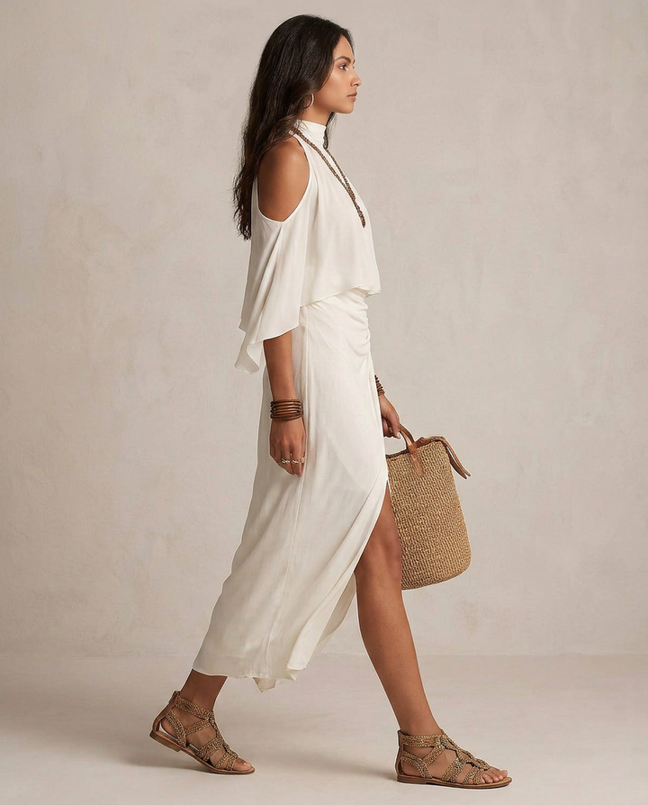 VALENTINA | Midi Abito Halter Avorio Drappeggiato