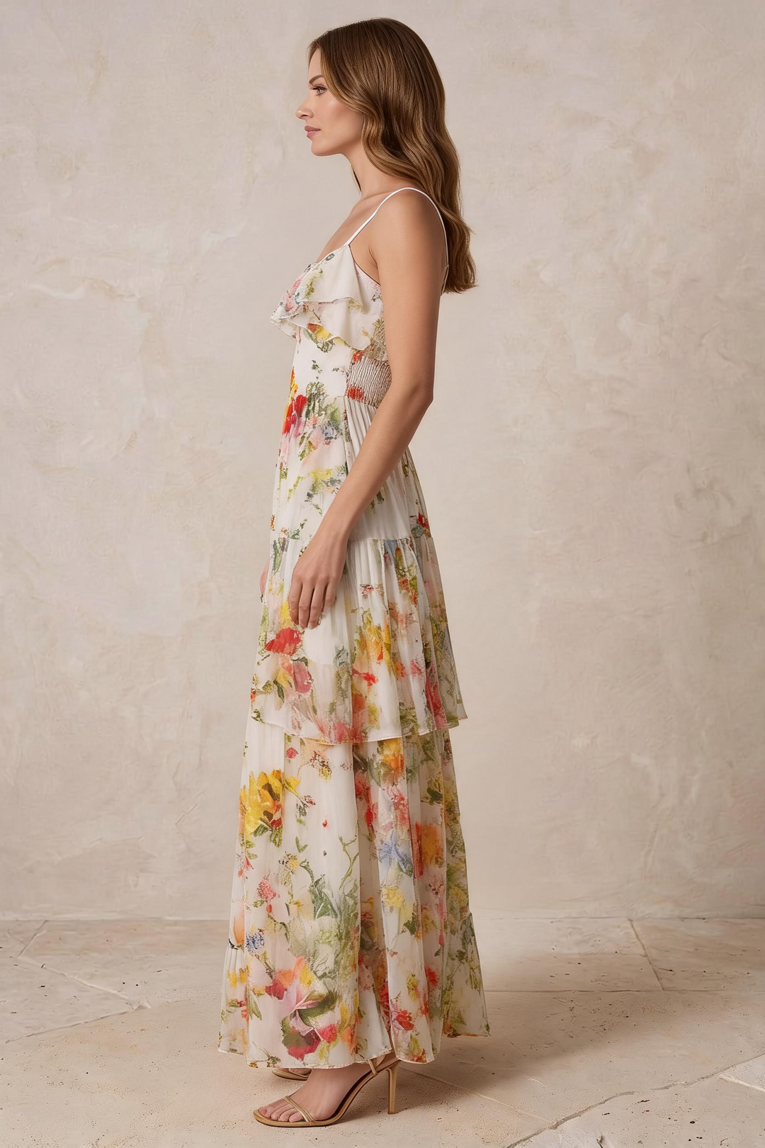 ELISA | Maxi Abito Floreale Tiered Chiffon