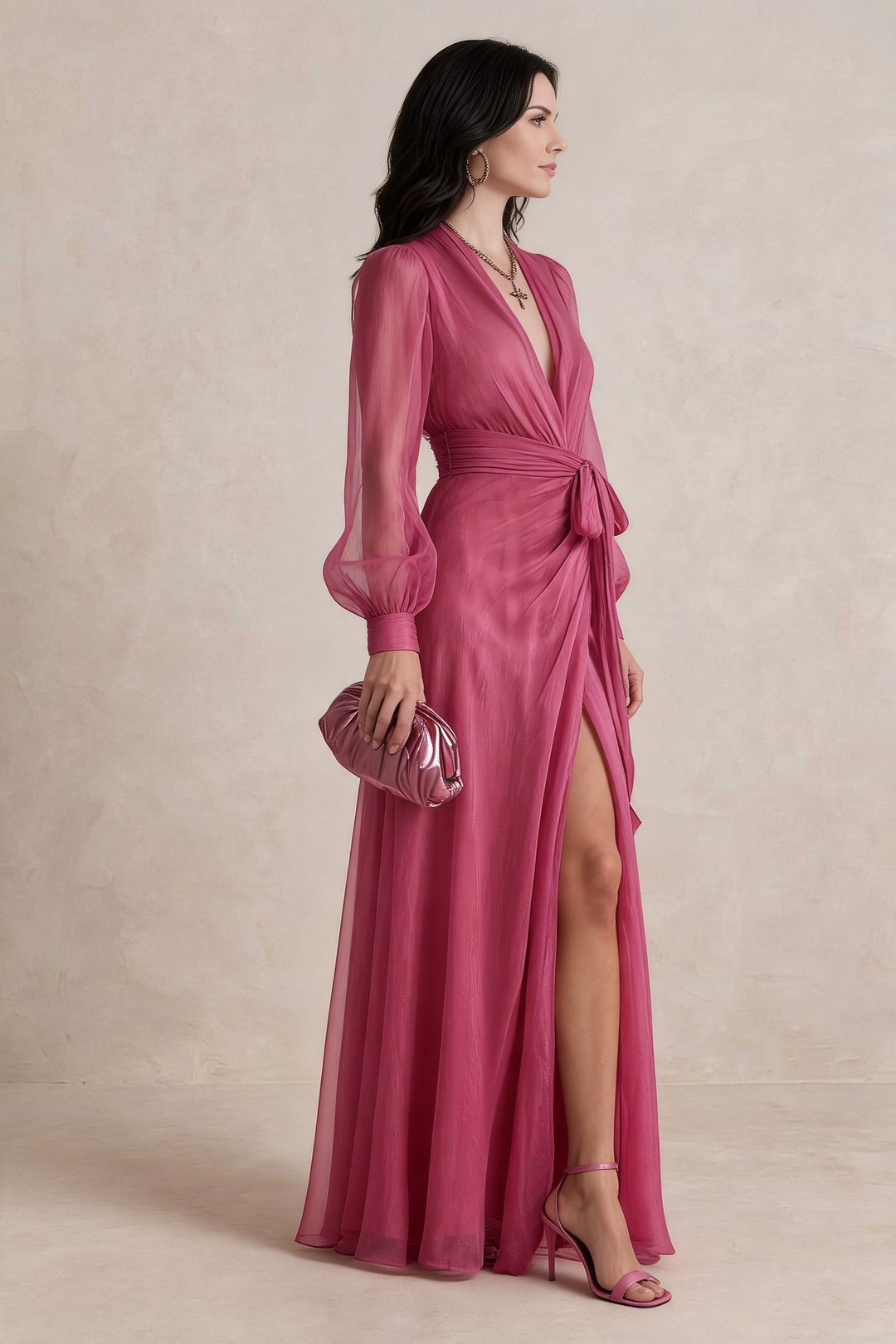 CHIARA | Abito Lungo Chiffon Rosa Perla