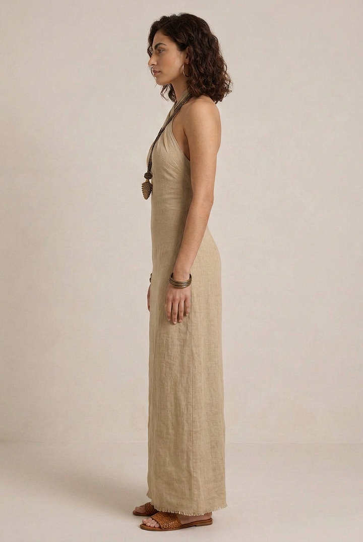 Avelina | Abito maxi con scollo all’americana, voluminoso, in cotone e lino