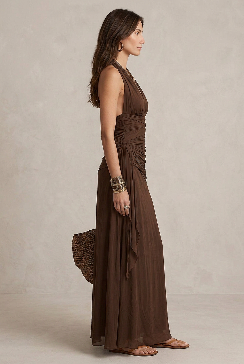 LARA | Maxi Abito Halter Ruché Cacao