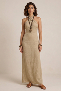 Avelina | Abito maxi con scollo all’americana, voluminoso, in cotone e lino