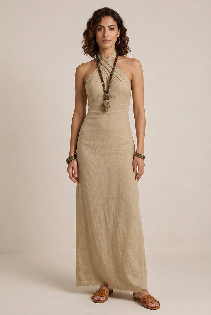 Avelina | Abito maxi con scollo all’americana, voluminoso, in cotone e lino