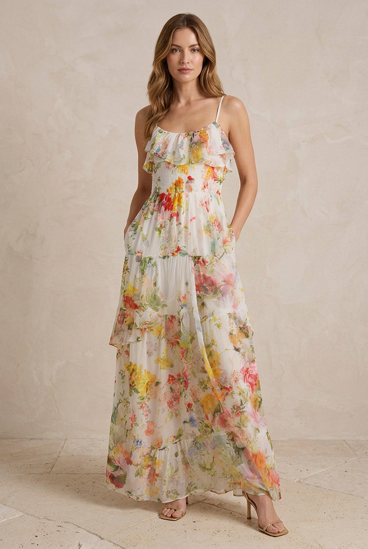 ELISA | Maxi Abito Floreale Tiered Chiffon